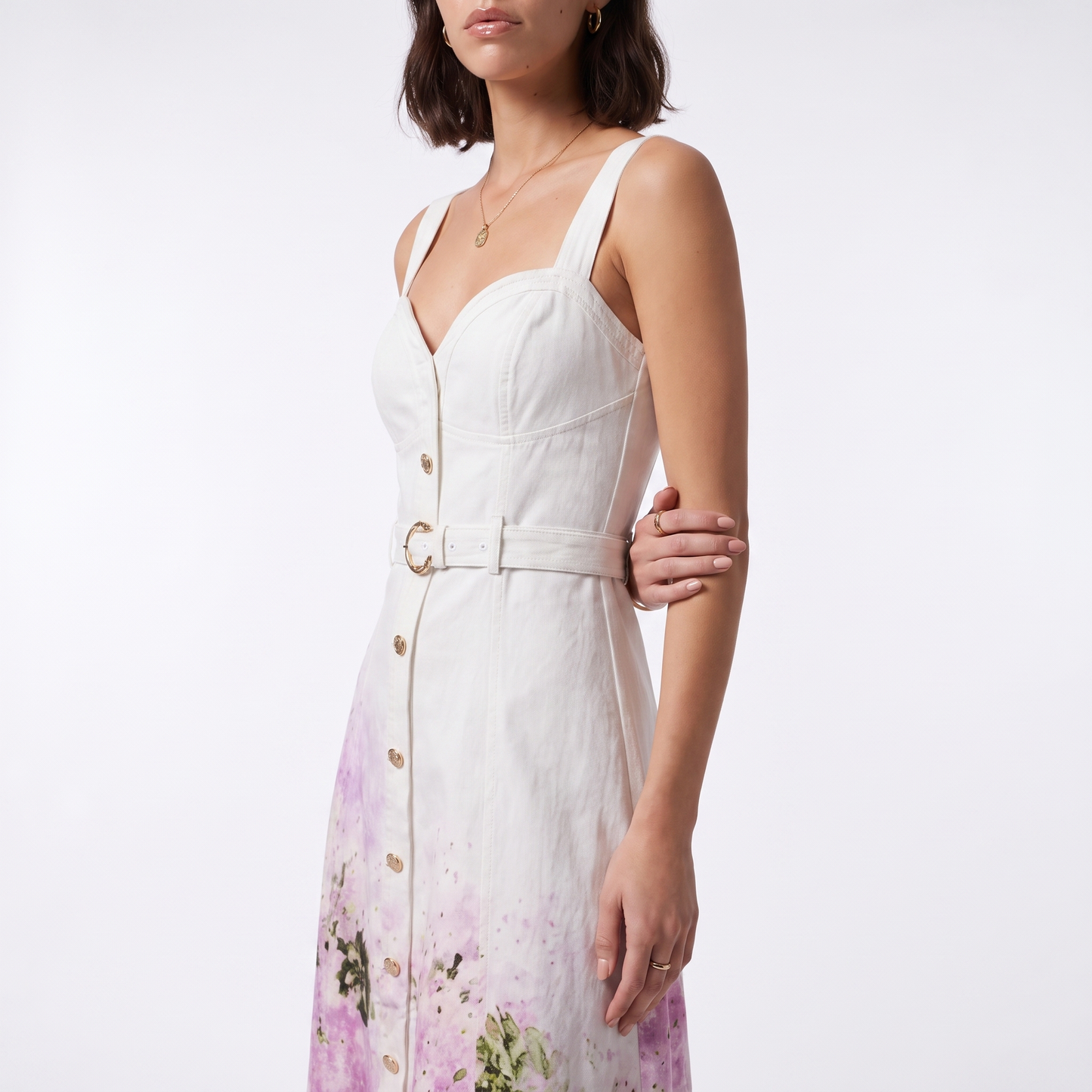 Sunoire french style gentle sweet gradient print suspender mid length dress metal buckle decoration ladies elegant party dresses torso crop 01