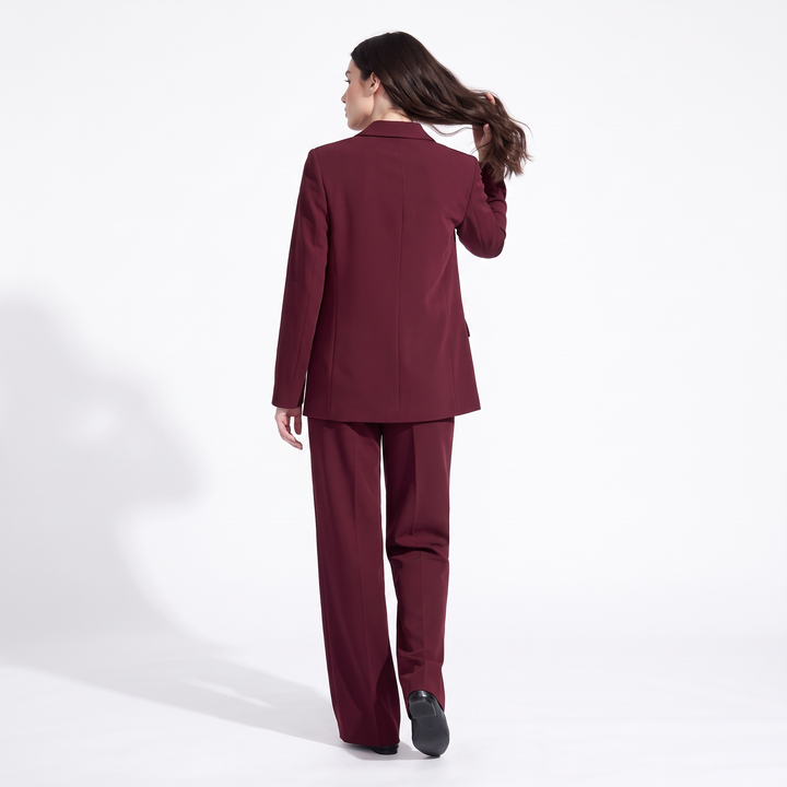 Women's Double Breasted Blazer and Wide Leg Trouser Suit, Burgundy, back view
