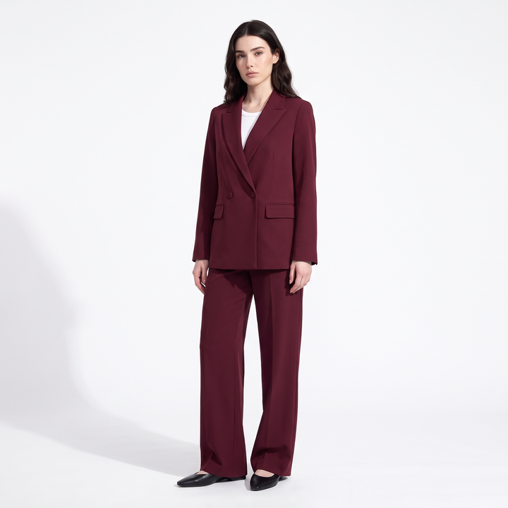 Women's Double Breasted Blazer and Wide Leg Trouser Suit, Burgundy, front view