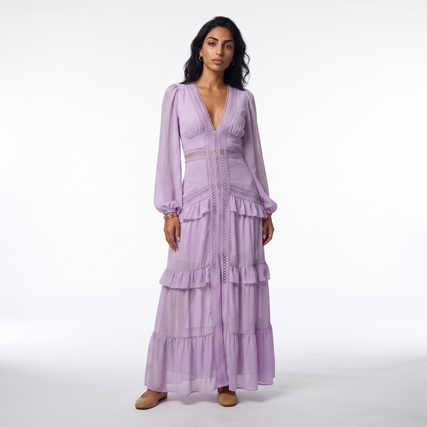 Sunoire good quality solid color pleated v neck elegant ladies casual maxi dresses colorway light purple front hero 01