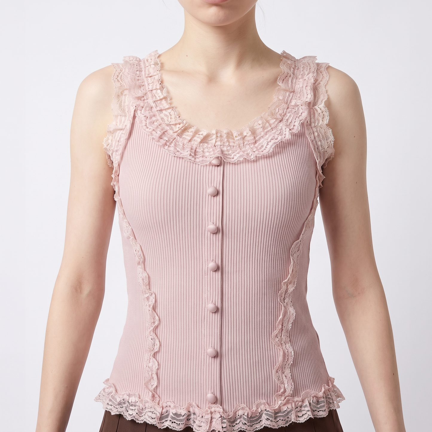 Lace Trim Scoop Neck Ribbed Knit Top – Button Front Going Out Top