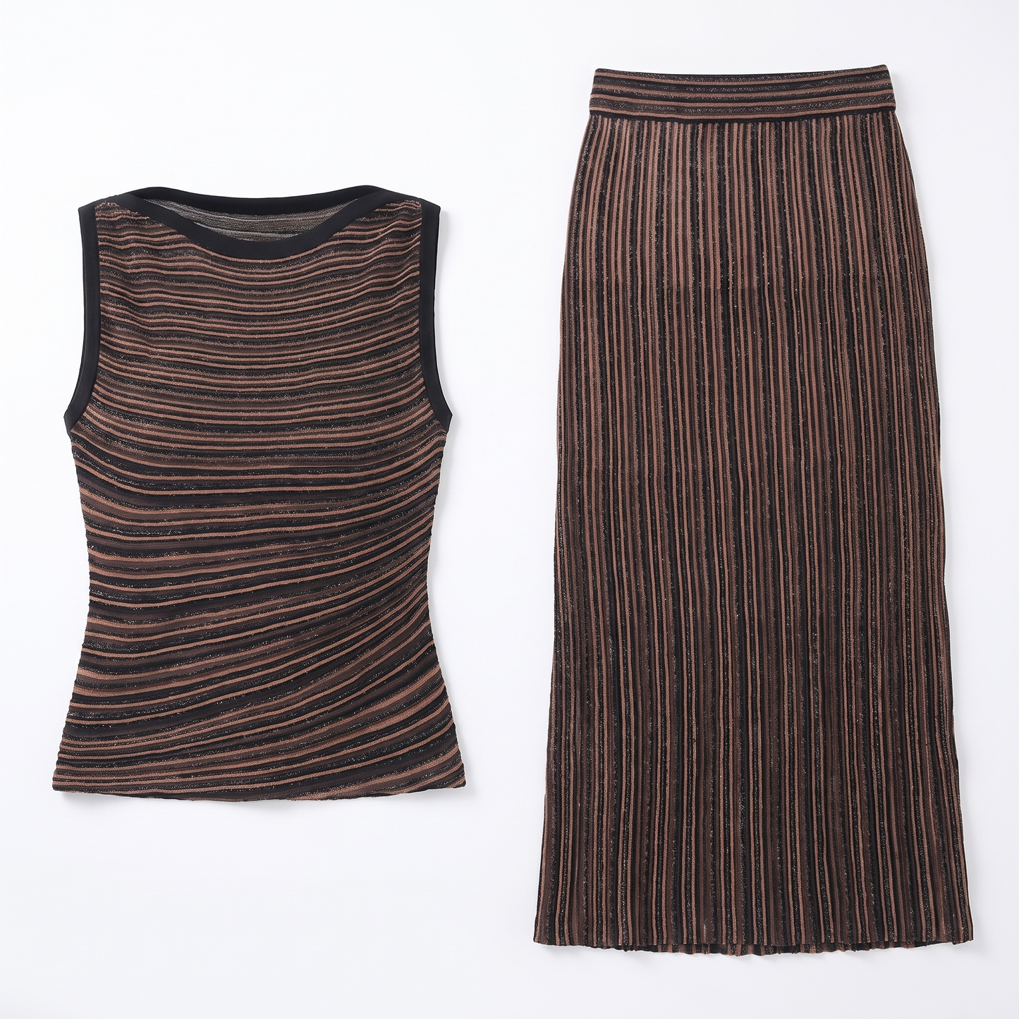 Sunoire high quality women s breathable viscose elegant sets color blocked striped regular o neck sleeveless knit top skirt set garment flatlay 01