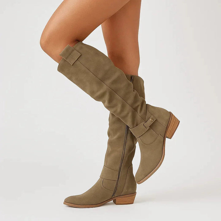 Knee-High Suede Boots with Block Heel for Women in Dark Green
