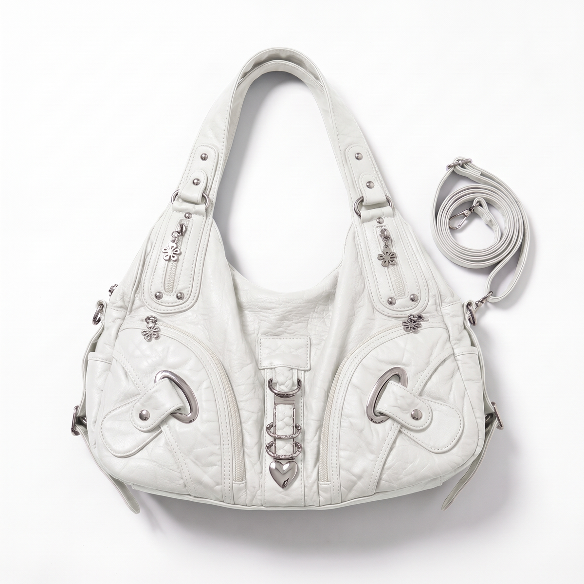 Women's Faux Leather Slouchy Charm Hobo Bag in white