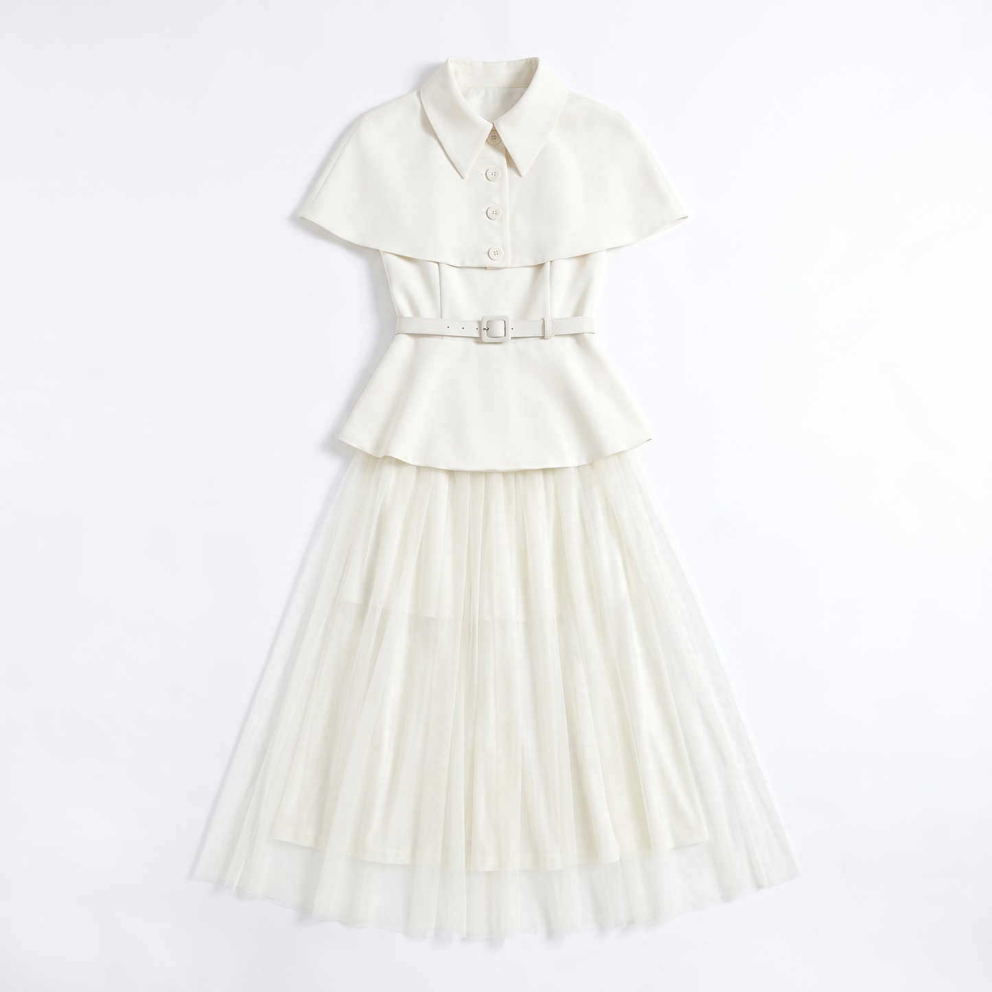 Sunoire larevix cape skirt set with belt mannequin white 01