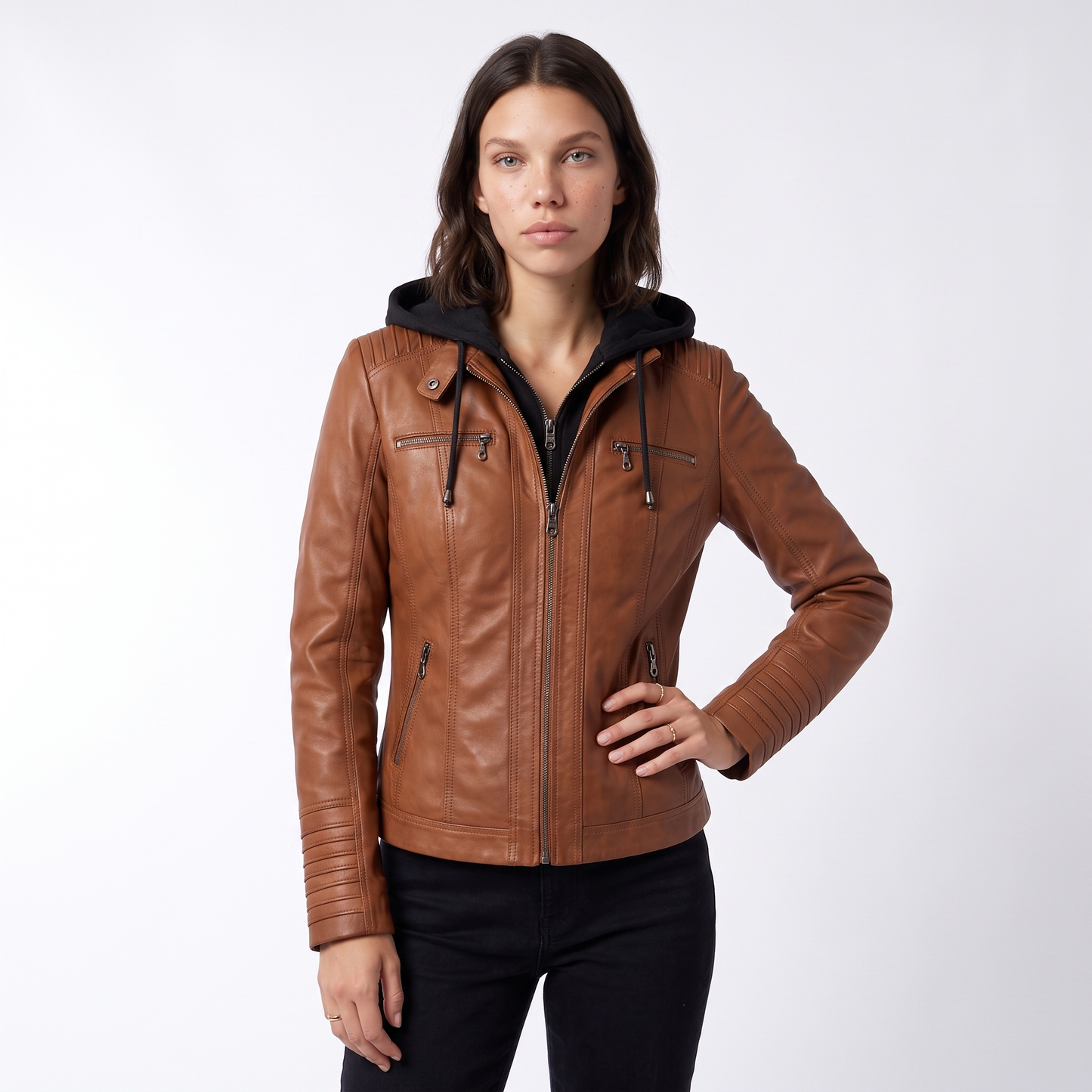 Sunoire leather biker jacket with removable hood and zip detail colorway dark brown front crop 01
