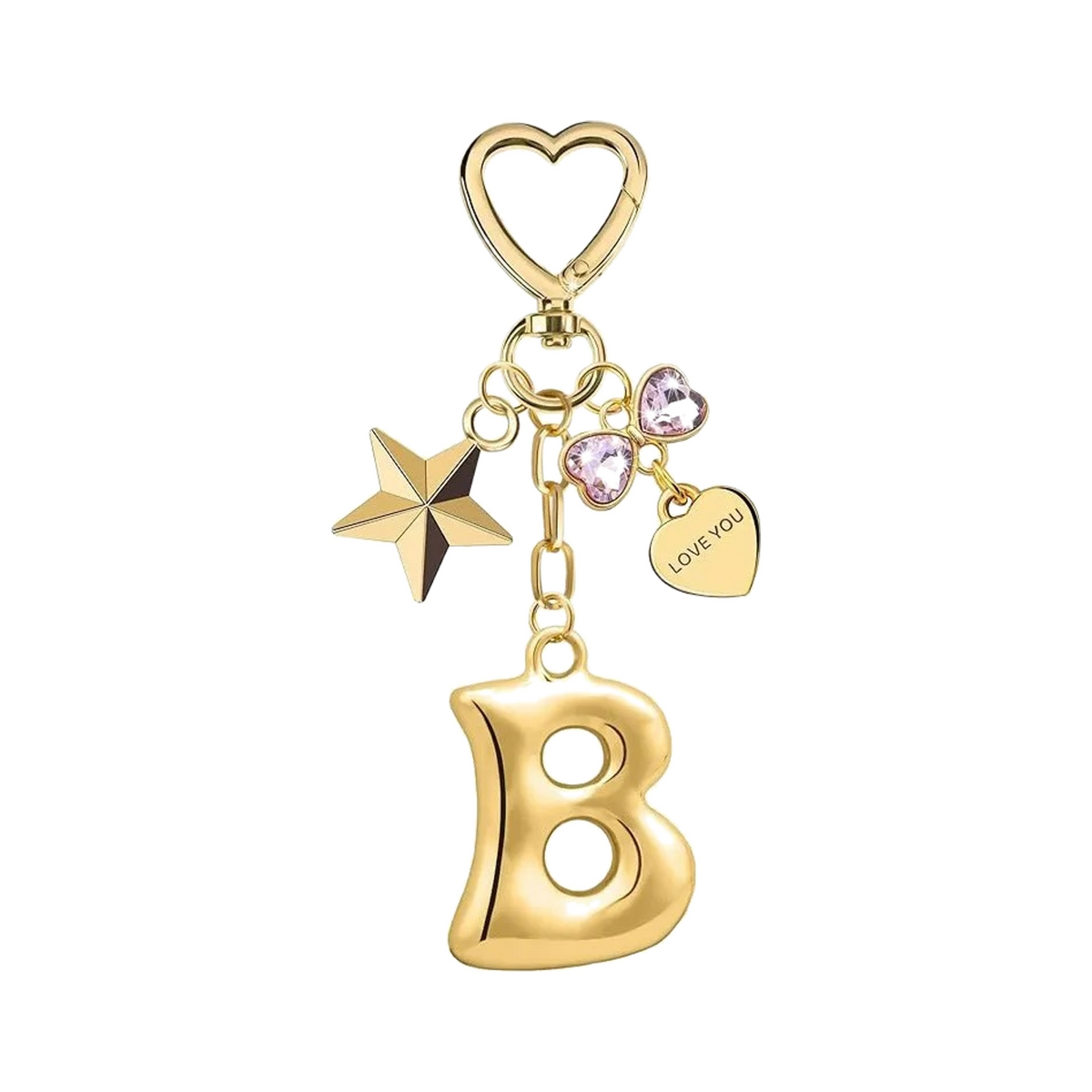 Gold letter B bag charm with heart clasp, star and crystal hearts