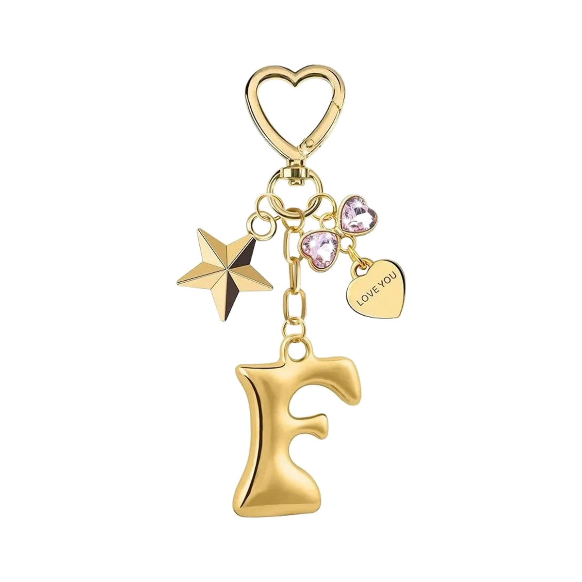 Gold letter F bag charm with heart clasp, star and crystal hearts