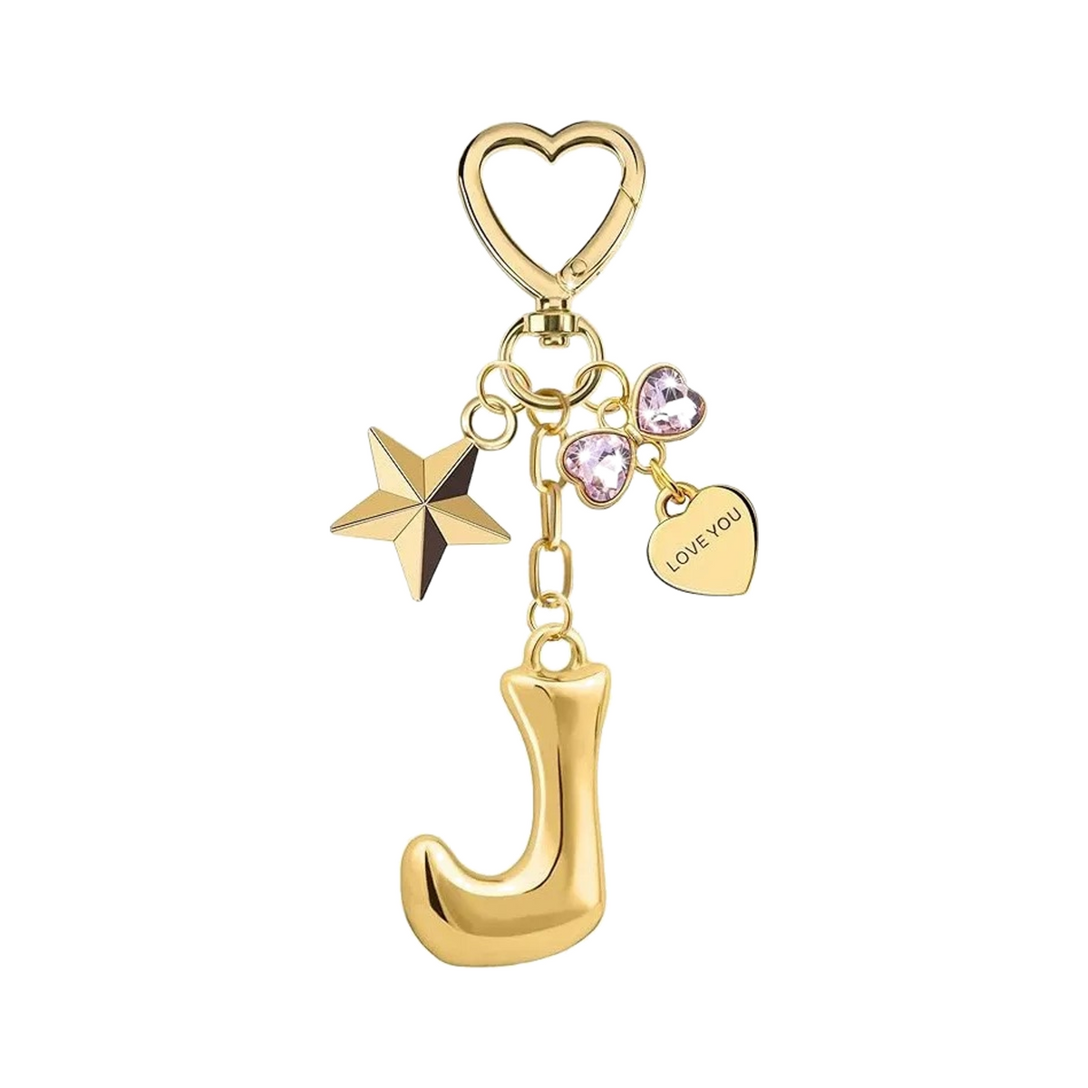 Gold letter J bag charm with heart clasp, star and crystal hearts