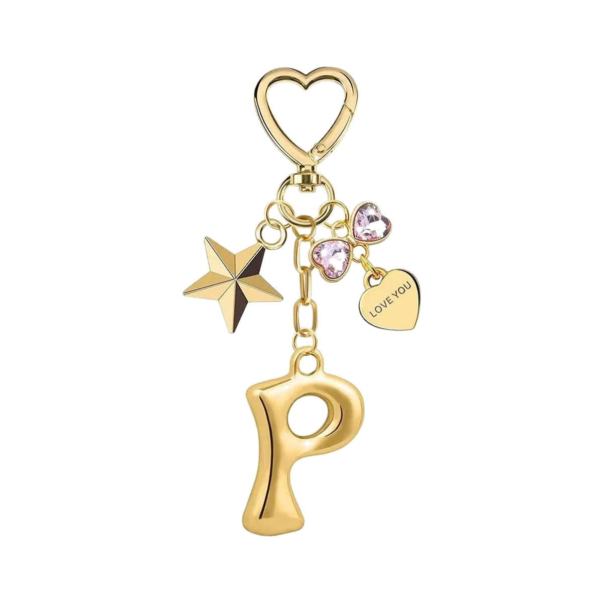 Gold letter P bag charm with heart clasp, star and crystal hearts