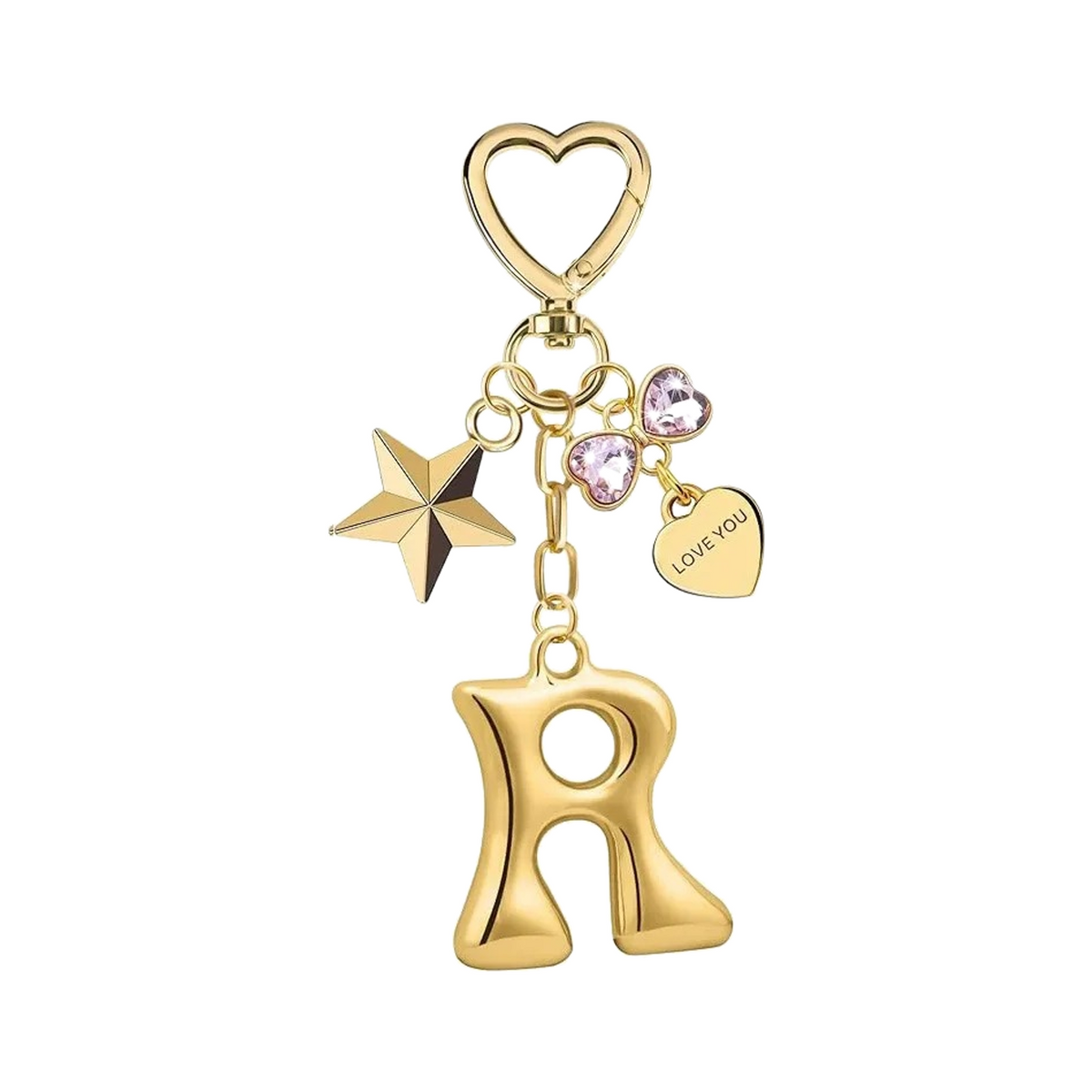Gold letter R bag charm with heart clasp, star and crystal hearts