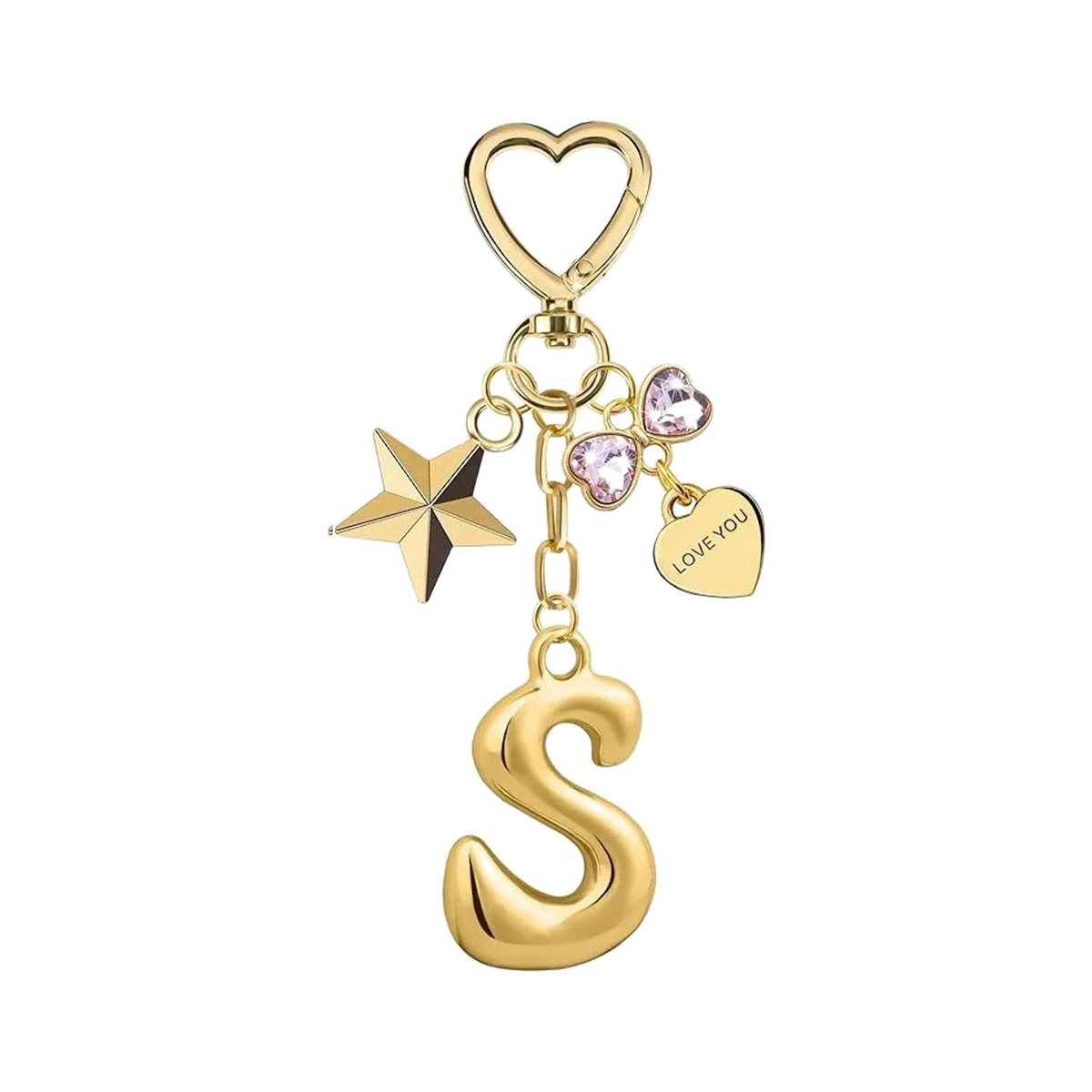 Gold letter S bag charm with heart clasp, star and crystal hearts