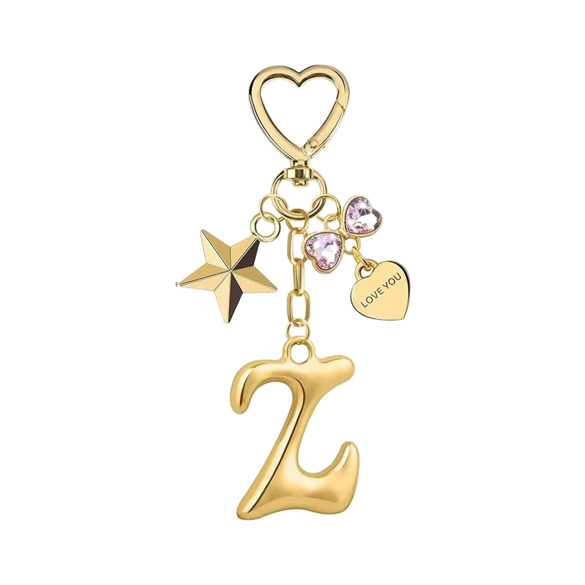 Gold letter Z bag charm with heart clasp, star and crystal hearts