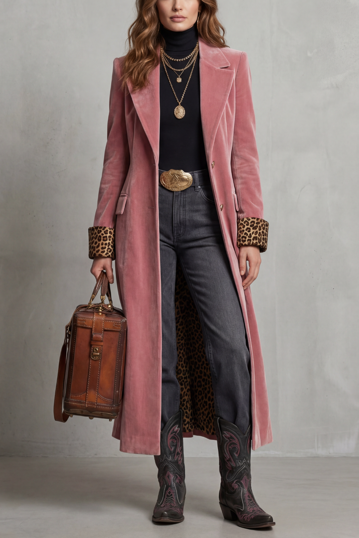 Phoebe | Long Overcoat Velvet Leopard-Lined for Women in Pink