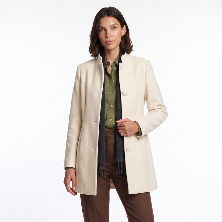 Sunoire lorraine womens button front a line coat stand collar autumn coat colorway cream front crop 01