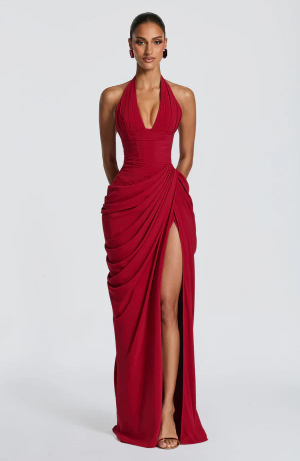 Elspeth | Maxi Halter Dress Ruched Draped for Women in Deep Red