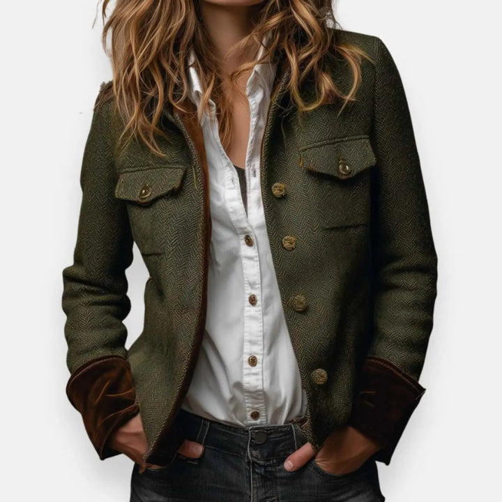 Women's Herringbone Tweed Utility Quilted Jacket Gold Button Detail in Army Green