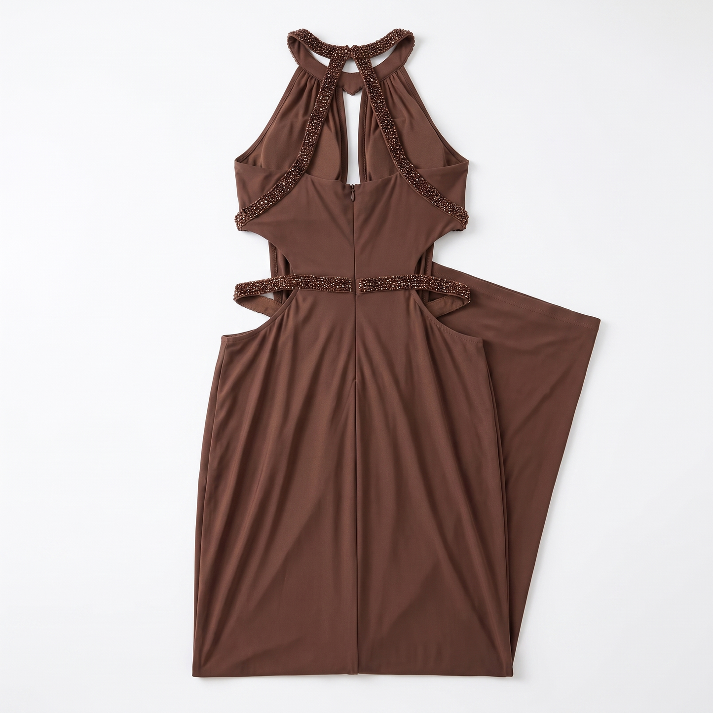 Sunoire new arrival brown halter neck evening gown with intricate rhinestone detailing and cut outs luxury high end evening gown garment flatlay 01
