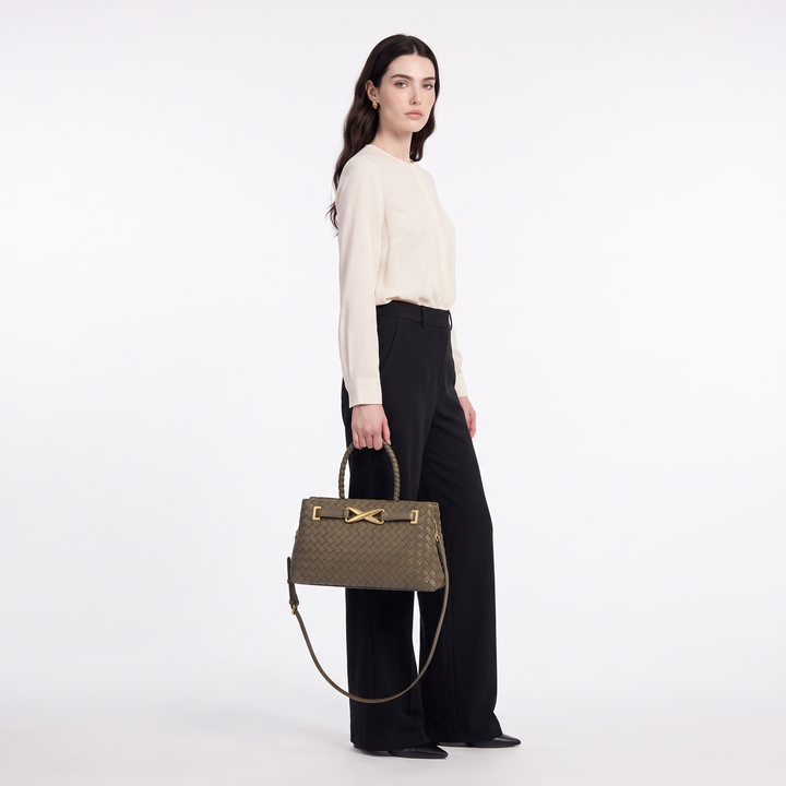 Women's Woven Faux Leather Pleated Structured Bag, worn by a model