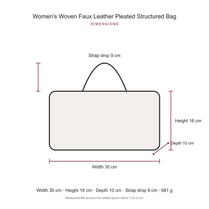Women's Woven Faux Leather Pleated Structured Bag, dimensions