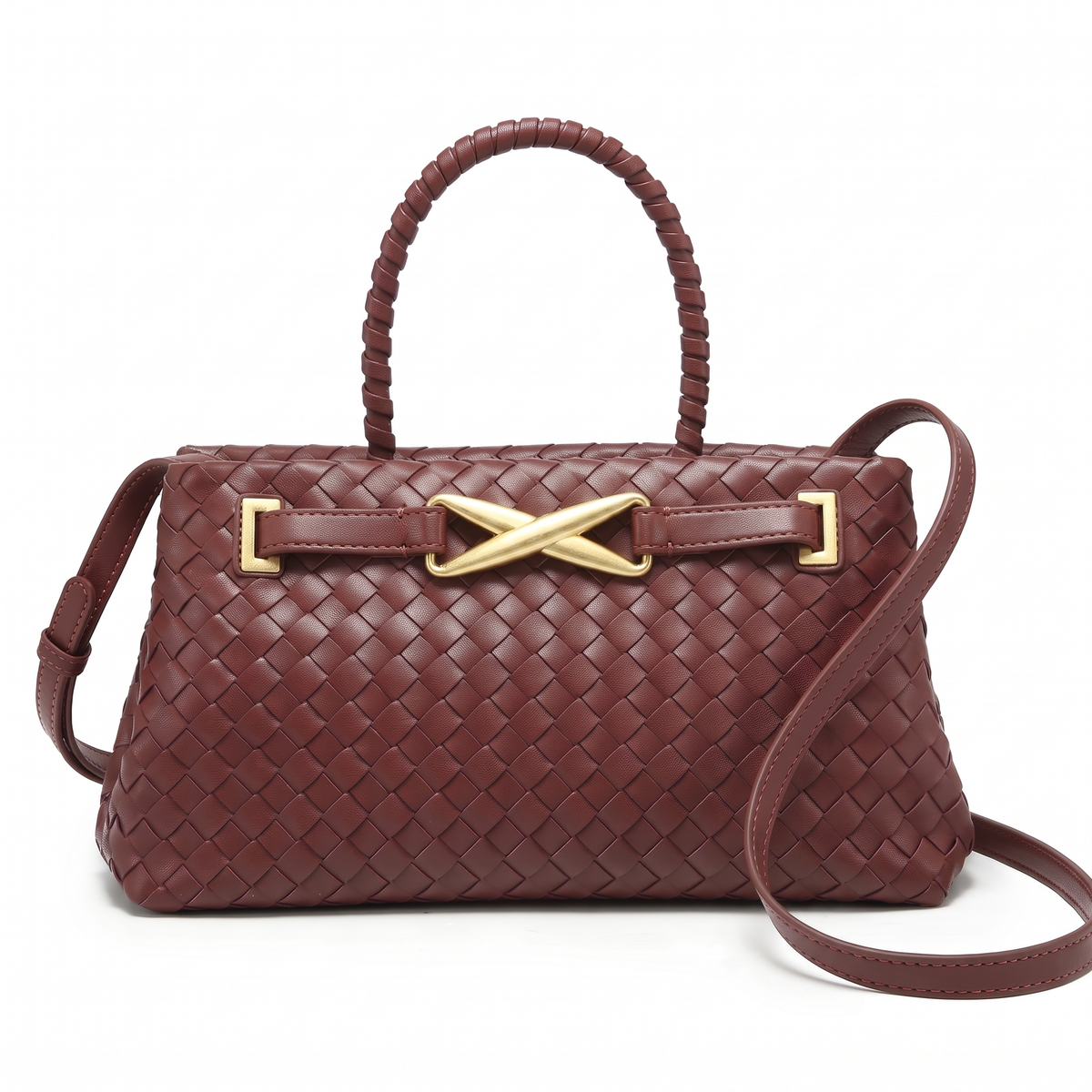Sunoire new explosive pu square rhombic braided zipper closure high end fashion trendy pearl soft shoulder crossbody tote handbag daily colorway wine red