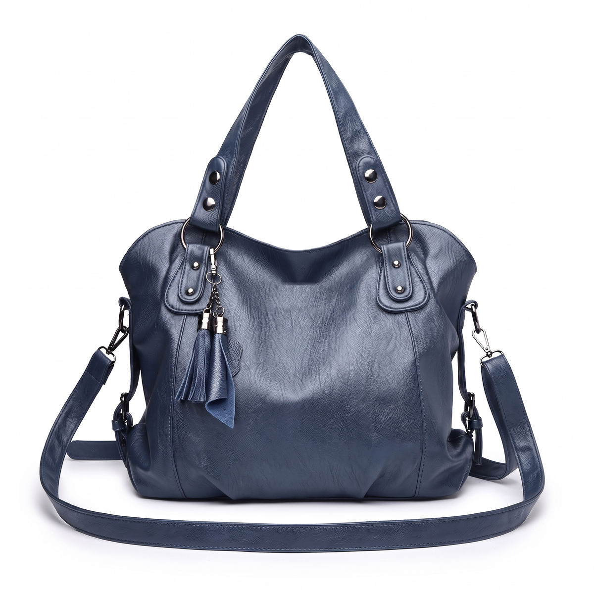 Sunoire new fashion women s handbags with zipper closure pu material chain strap tassel decoration large capacity luxury design colorway slate blue