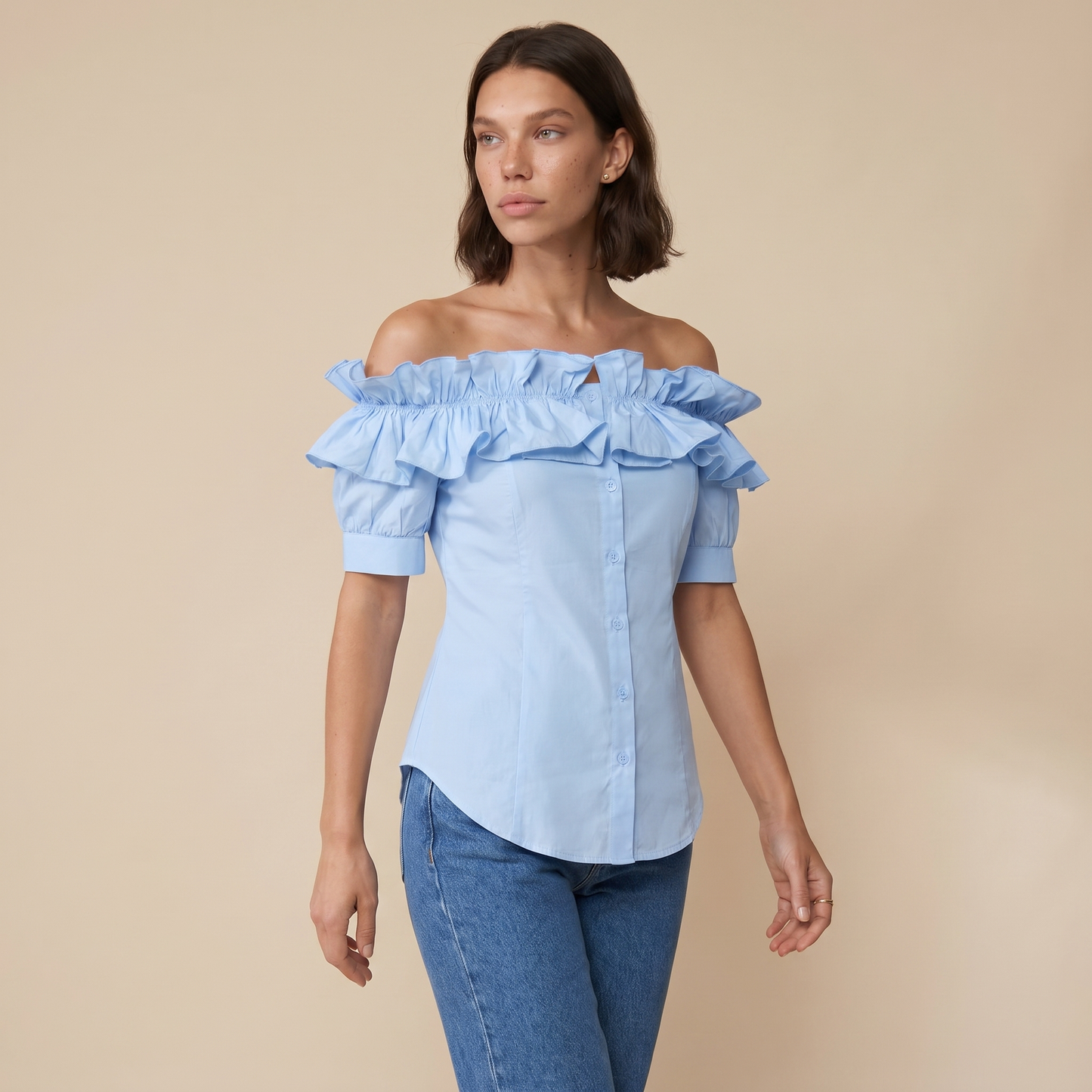 Sunoire off the shoulder short sleeve blouses asymmetrical button ruffles blouses colorway sky blue front crop 01