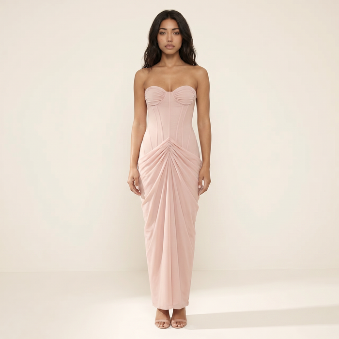 Sunoire ordell strapless ruched mesh maxi dress front hero 01