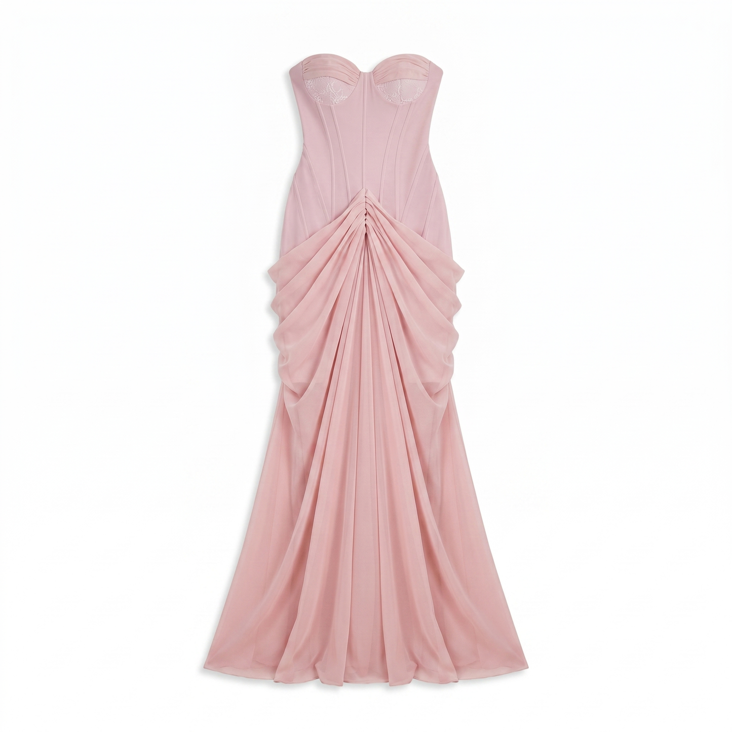 Sunoire ordell strapless ruched mesh maxi dress mannequin pink 01