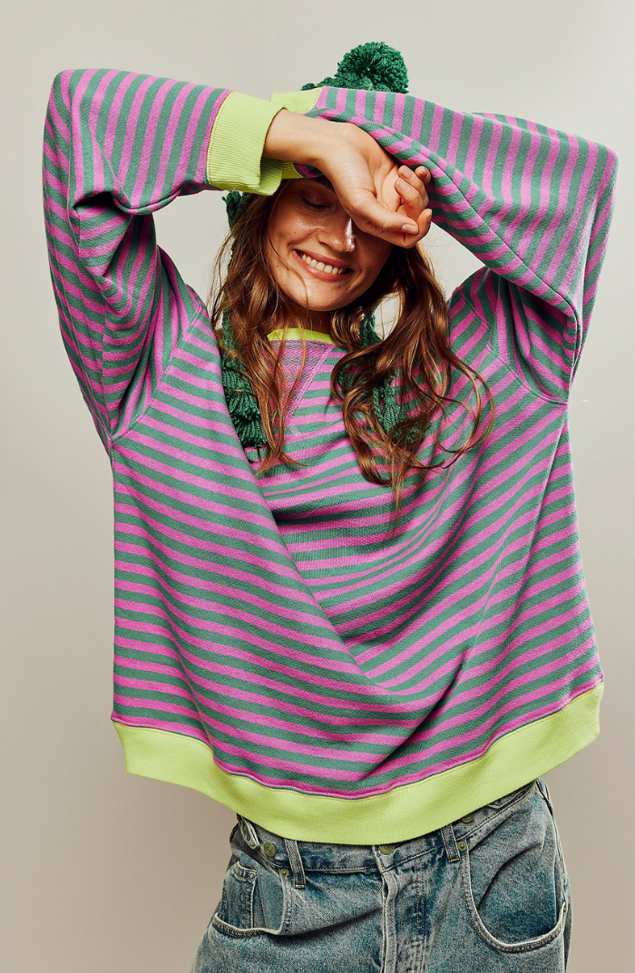 Oversized Striped Sweatshirt with Contrast Trim and Drop Shoulders in Green & Pink