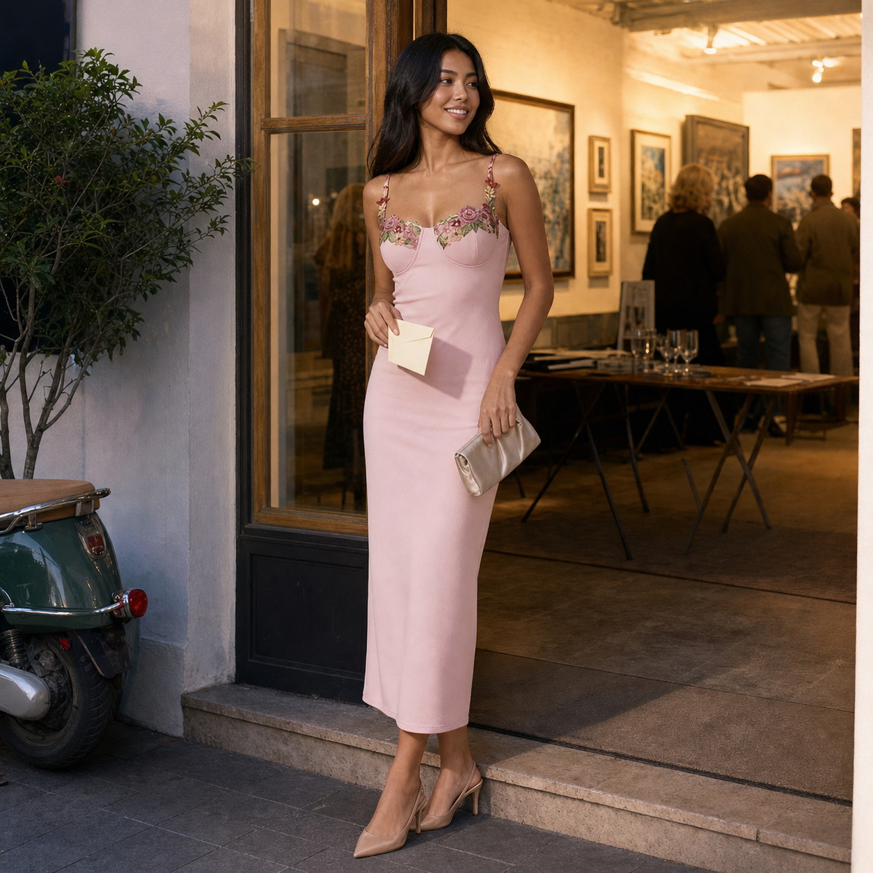Floral Appliqué Sweetheart Midi Dress – Pink Wedding Guest Dress — lifestyle photo