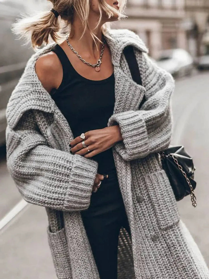 Women's Oversized Chunky Knit Lapel Longline Cardigan in Grey, another view