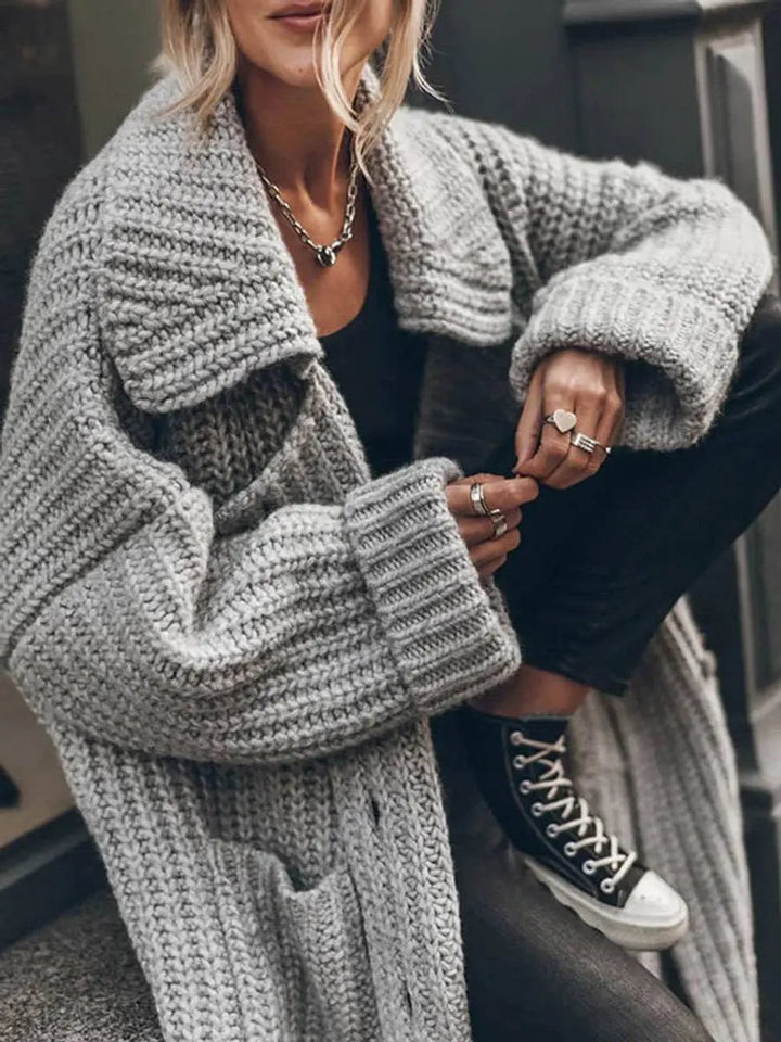 Women's Oversized Chunky Knit Lapel Longline Cardigan in Grey, another view