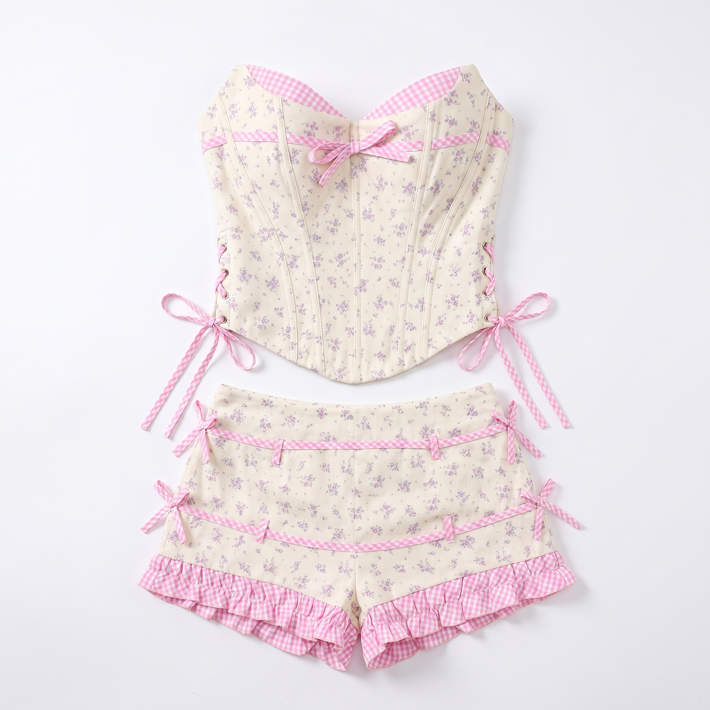 Sunoire quelvaron strapless lace up floral shorts set mannequin floral 01