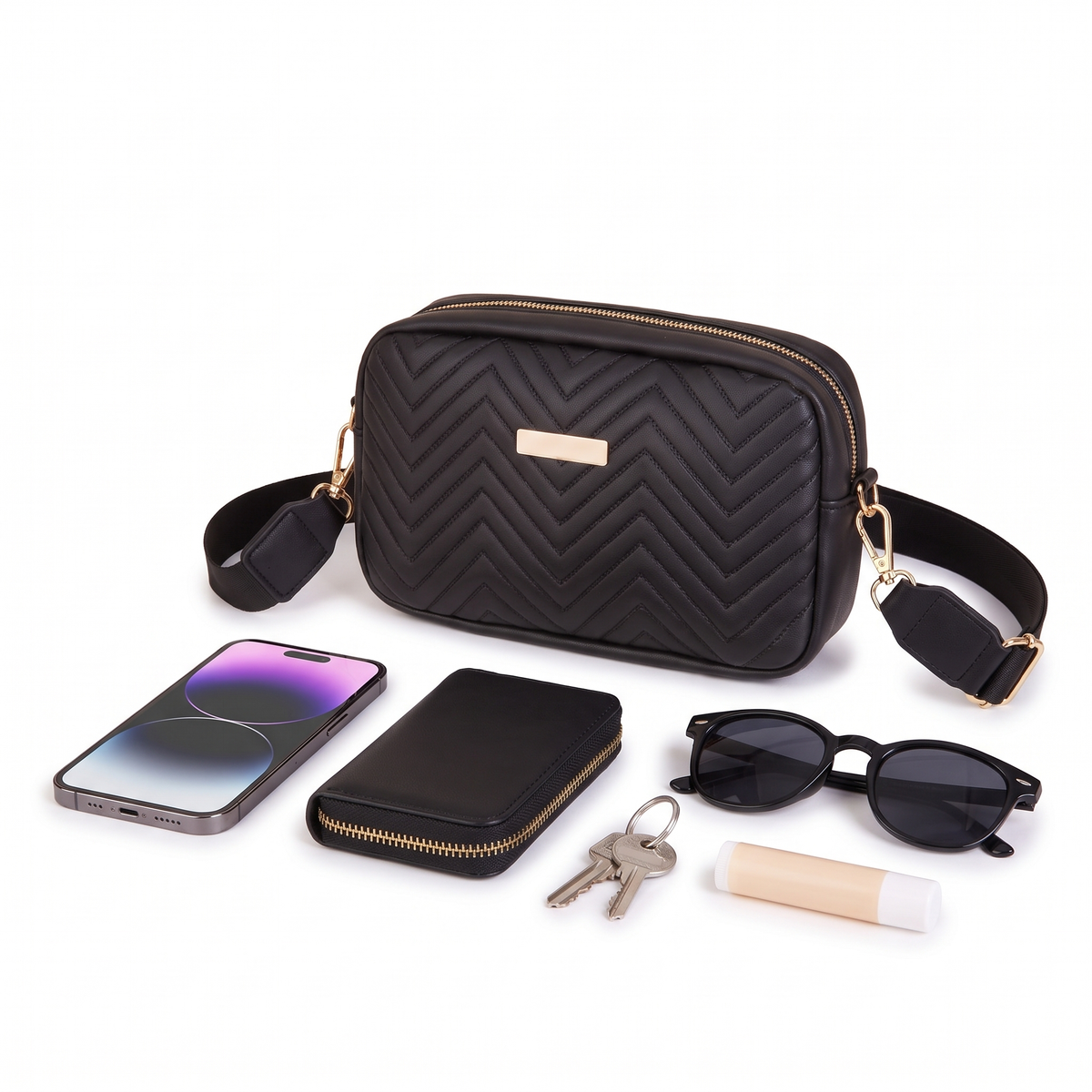 Quilted Faux Leather Crossbody Bag, what fits inside