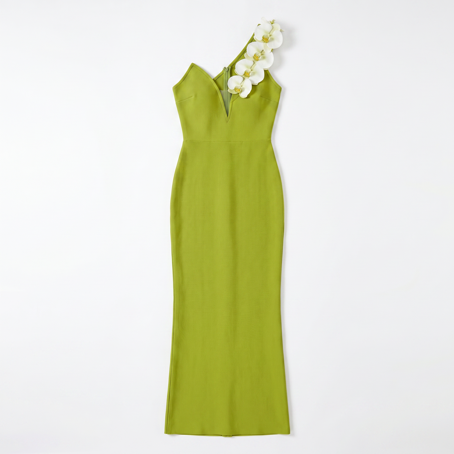 Sunoire rajiv one shoulder flower bandage maxi dress mannequin green 01