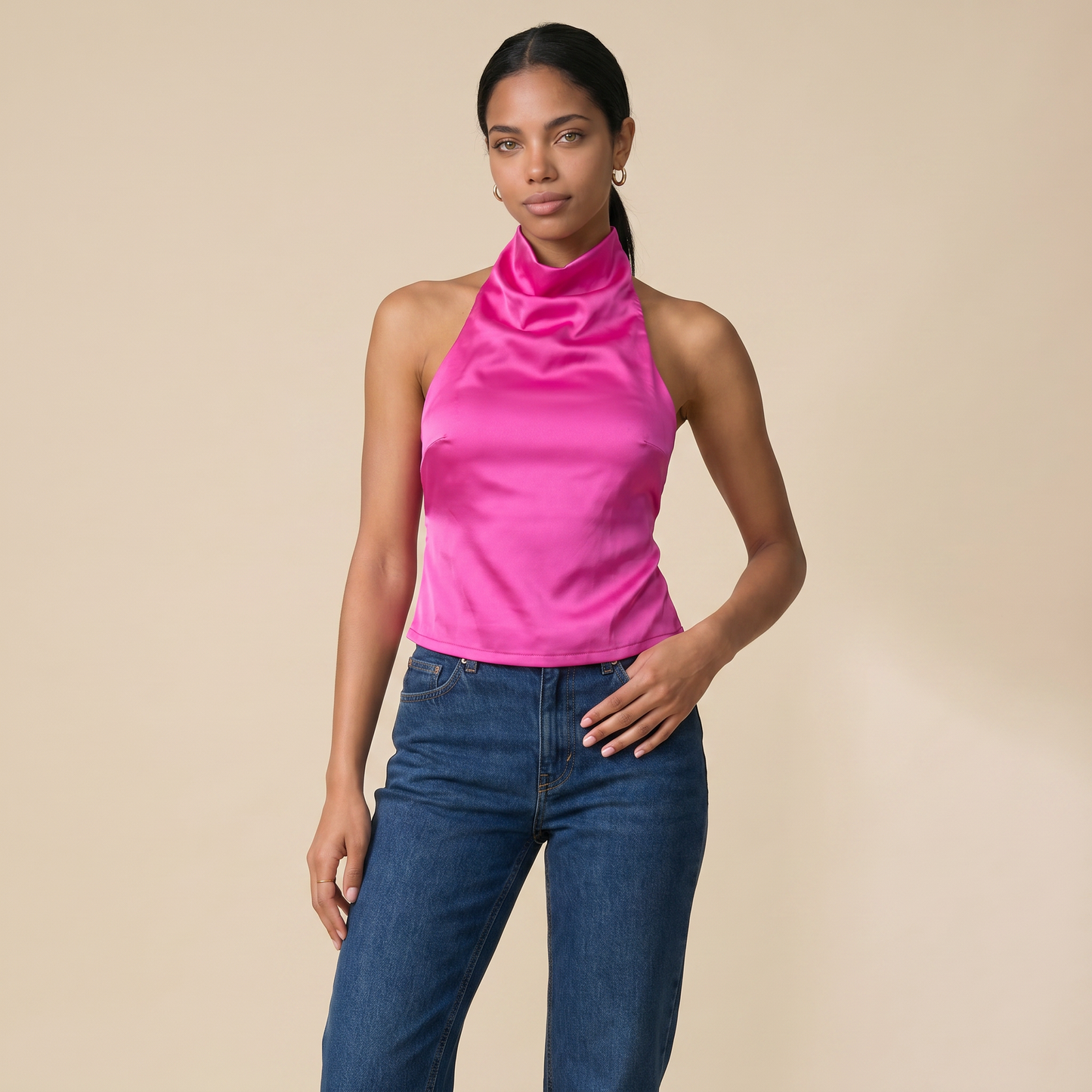 Glossy Draped Cowl Neck Halter Top – Backless Party Night Out Top