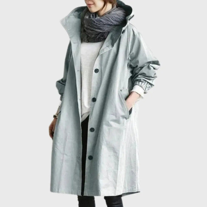 Waterproof Trench Coat Hooded Long Women's Raincoat in Light Blue