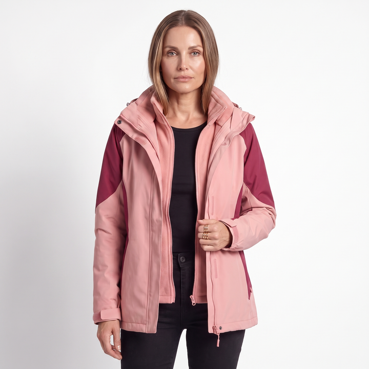 Women's 2 in 1 Hooded Softshell Jacket, Pink Fleece Lined Outdoor Coat, front view