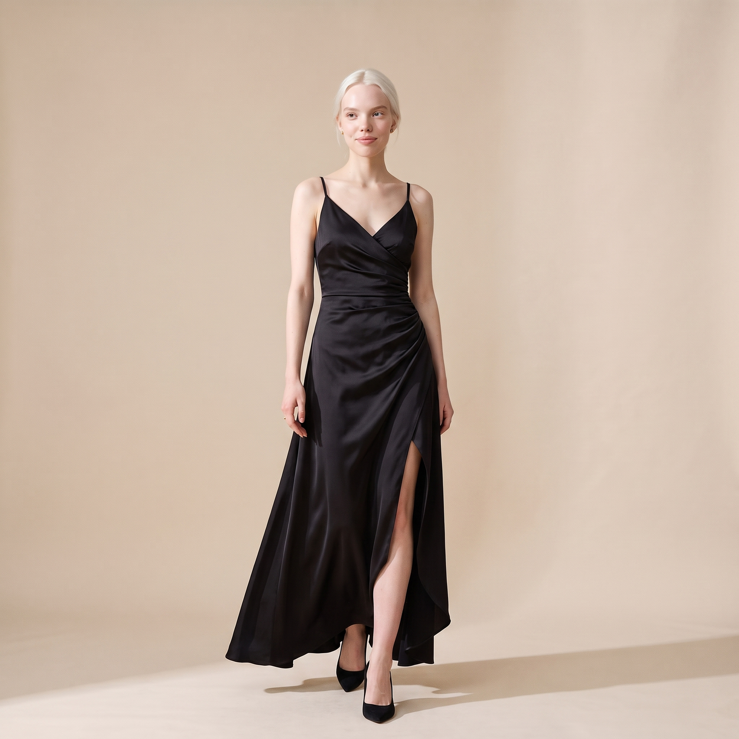 women s draped satin feel maxi dress sculpted elegant silhouette in Black colorway image
