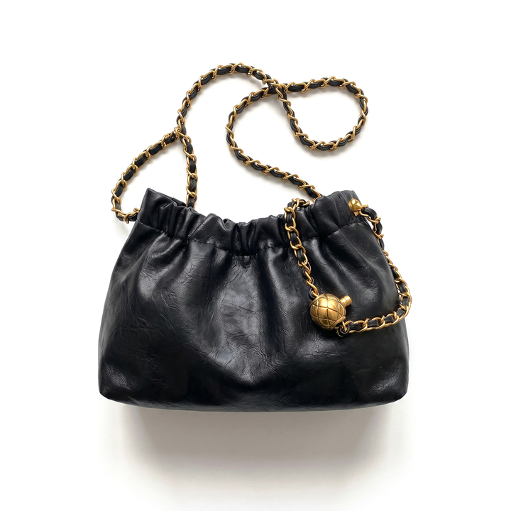 Sunoire sloane black ruched chain shoulder bag 01 front