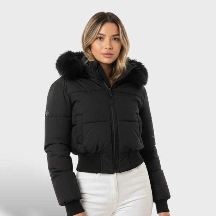 Sorrel | Cropped Puffer Jacket Faux Fur Hood for Women in Black