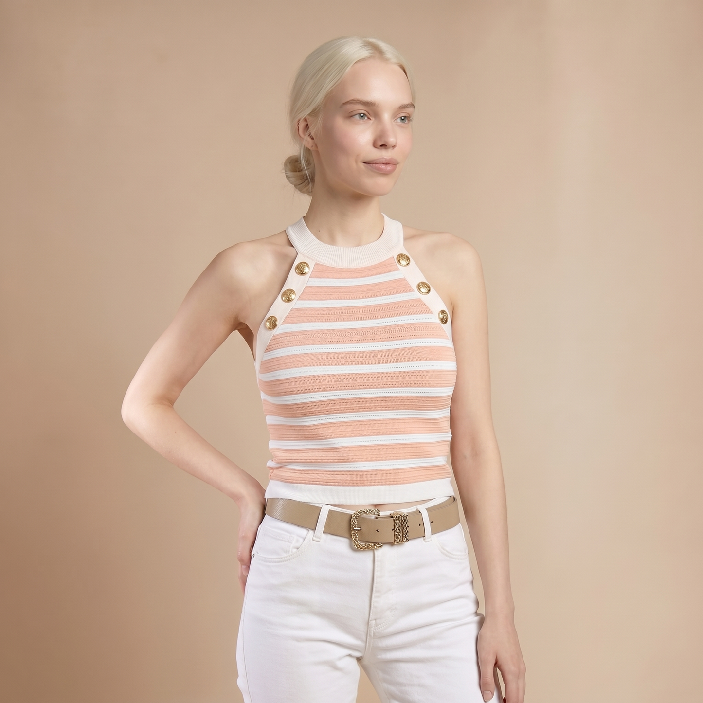 Sunoire striped halter sleeveless tank causal golden button decor breathable knit top colorway pink front crop 01