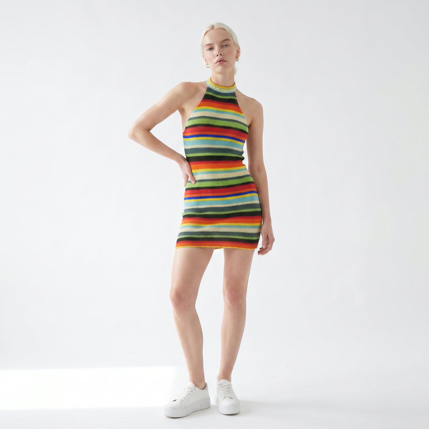 Sunoire summer hot selling sleeveless halter neck striped knitted backless women sexy mini dress colorway green front hero 01