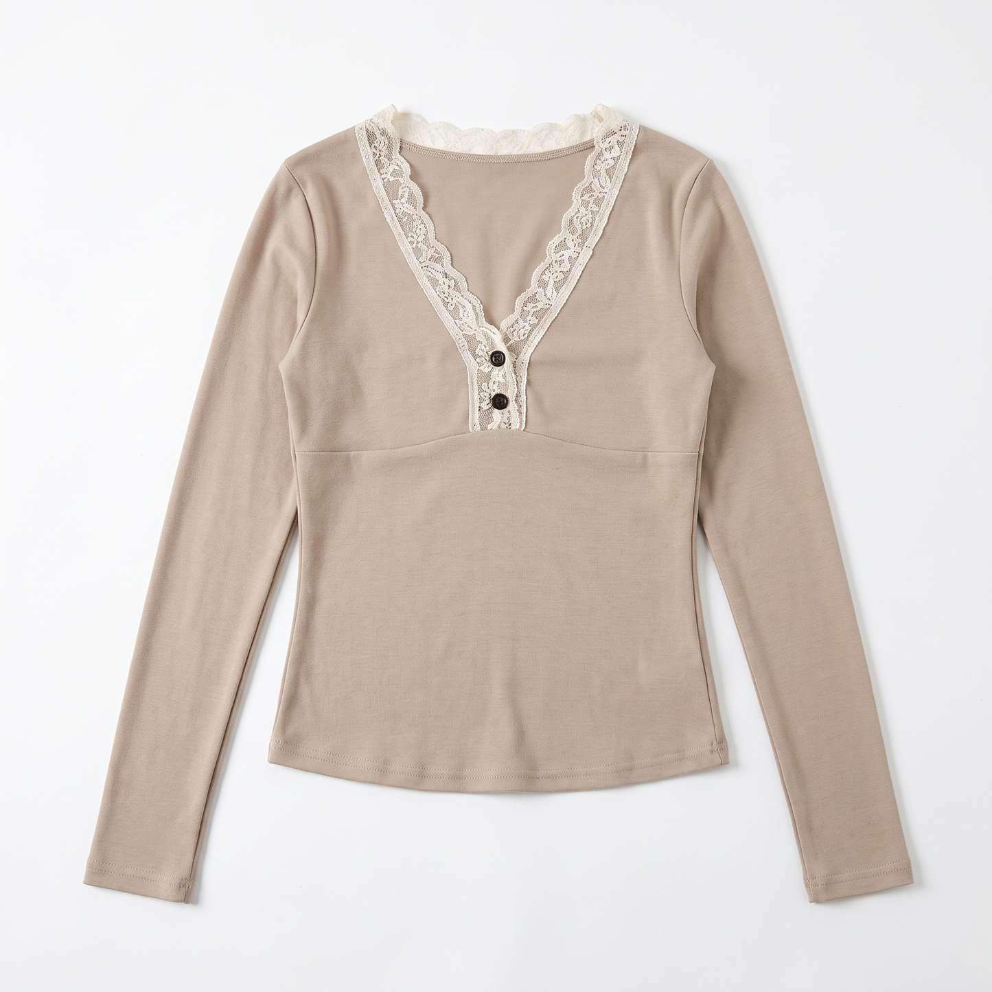 Sunoire summer new arrival lace trim v neck women s top button embellished commute casual t shirt workwear garment flatlay 01