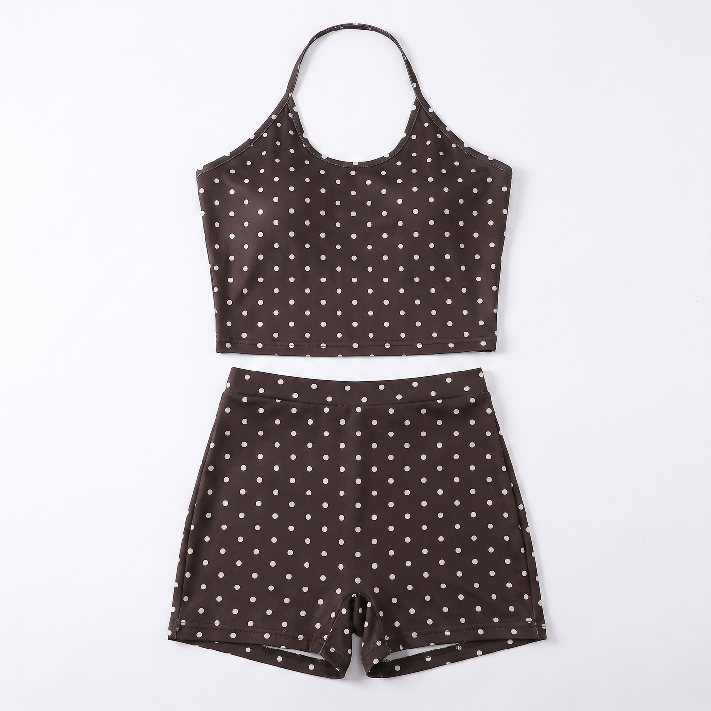 Sunoire summer new womens clothes 2 piece short set fashion halter backless top and low waist shorts set polka dot two piece casual set garment flatlay 01