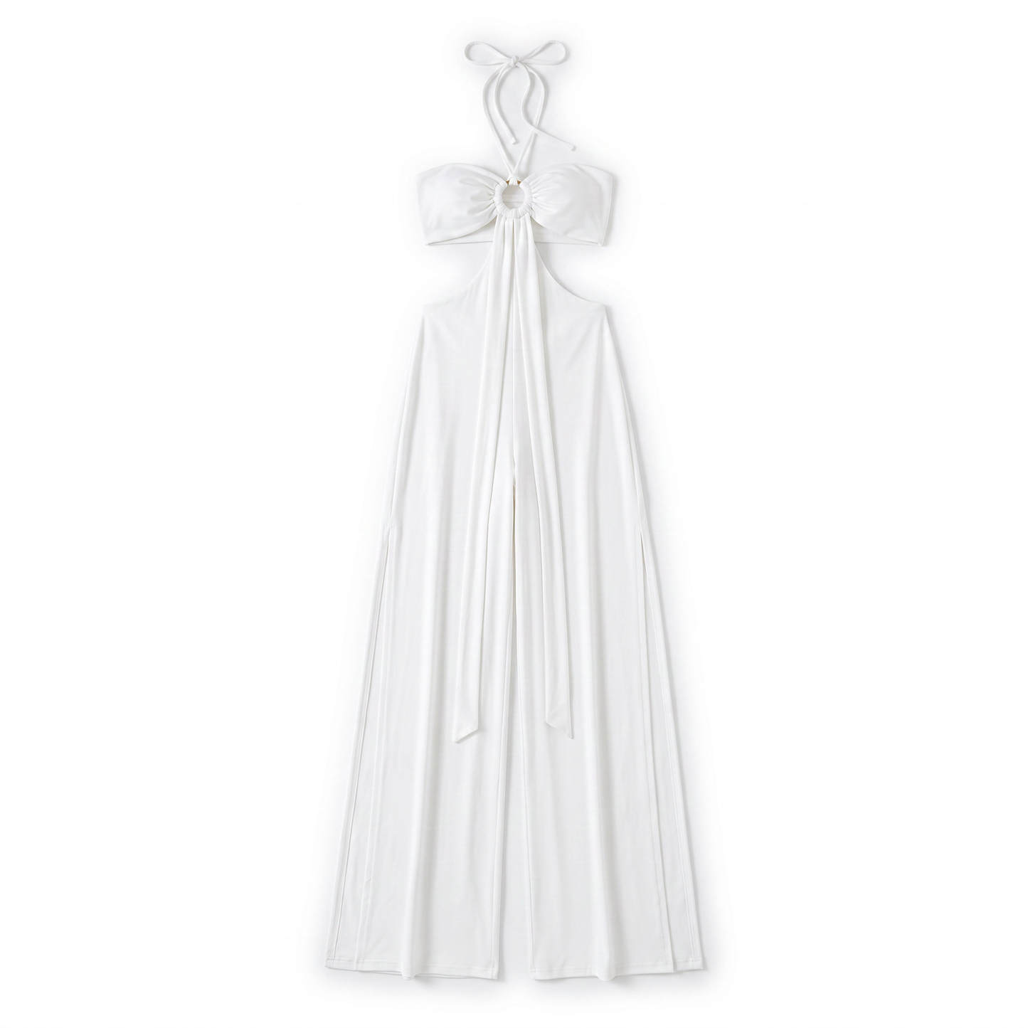 Sunoire tareth halterneck cutout jumpsuit 2 mannequin white flatlay 01