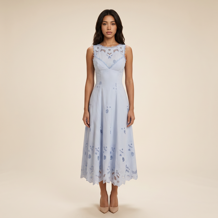 Sunoire tatiana bluebell lace cotton broderie anglais midi sundress front hero 01