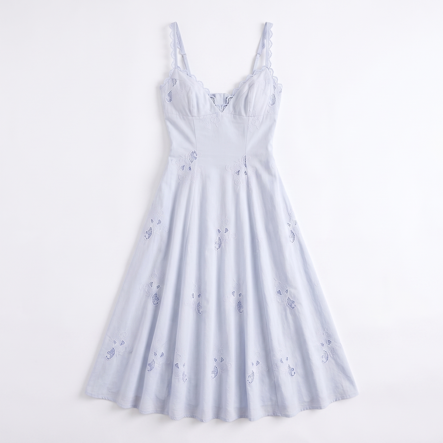 Sunoire tatiana bluebell lace cotton midi sundress garment flatlay 01