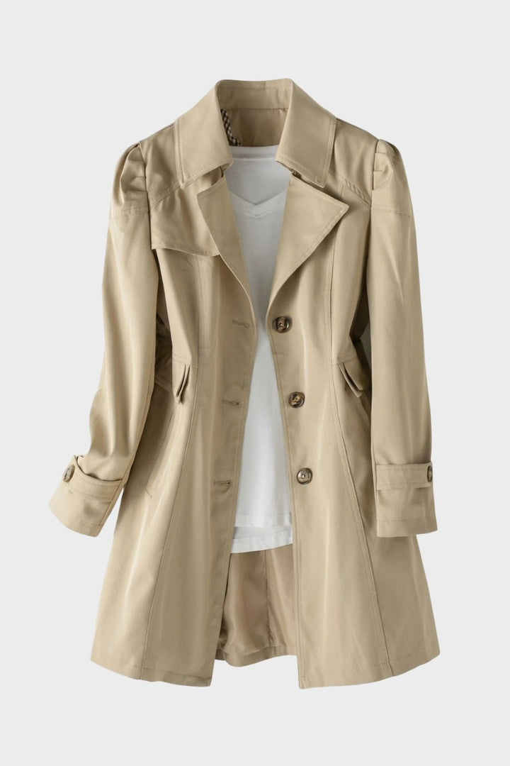 Women's Trench Coat with Notched Collar and Button Placket in Khaki